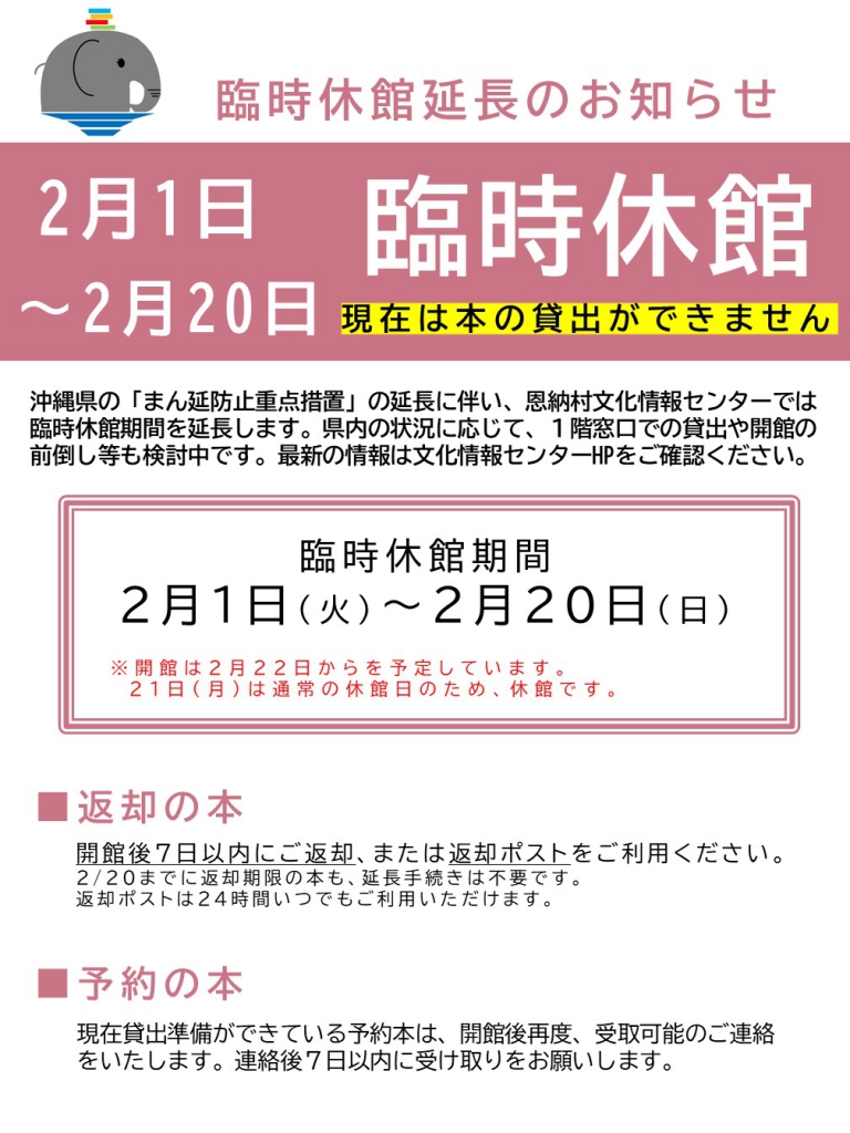 【ポスター】2022年1月15日～1月31日　臨時休館 延長